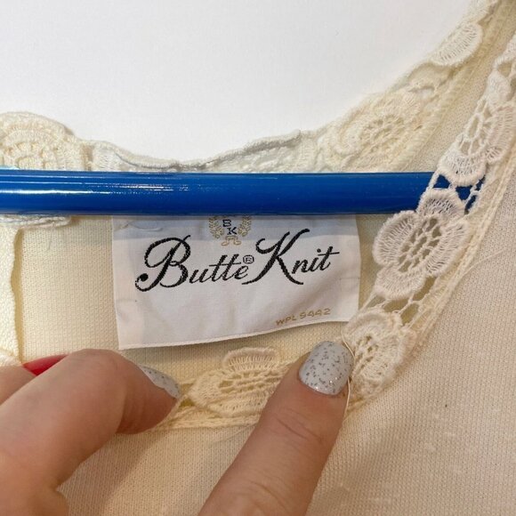 Butte Knit Vintage Short Sleeve Wedding Dress Lace M Ivory Square Neck S 70s 60s - Picture 5 of 14